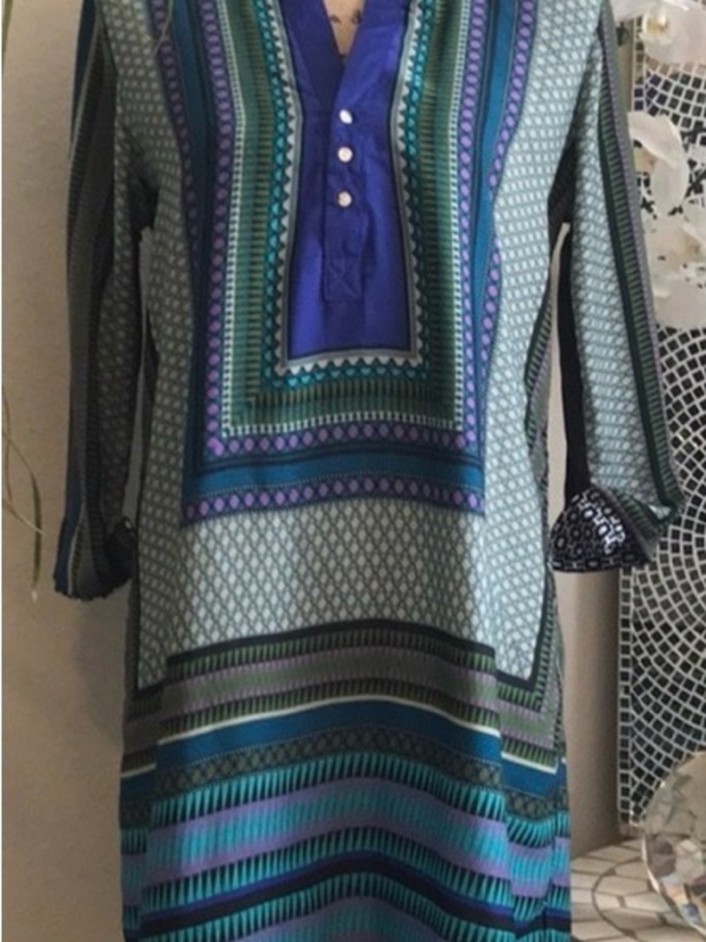 Zara Long Sleeve Geometric Tunic Dress in Teal, Purple and Blue